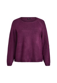 Fioletowy sweter z dzianiny o okrągłym dekolcie, długich rękawach raglanowych oraz ściągaczu u dołu. Gładka tekstura i lekko luźny krój.