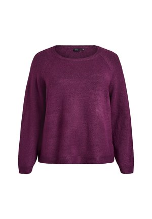 Vijolična pletena jopica s okroglim izrezom, dolgimi raglan rokavi in ribanim robom. Gladka tekstura z nekoliko ohlapnim krojem.