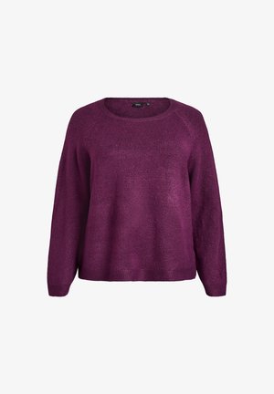 Vijolična pletena jopica s okroglim izrezom, dolgimi raglan rokavi in ribanim robom. Gladka tekstura z nekoliko ohlapnim krojem.