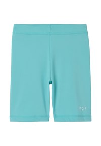 Aqua-kleurige zwemshorts van glad, rekbaar materiaal. Voorzien van een logo op de rechteronderkant en platte naden voor comfort.