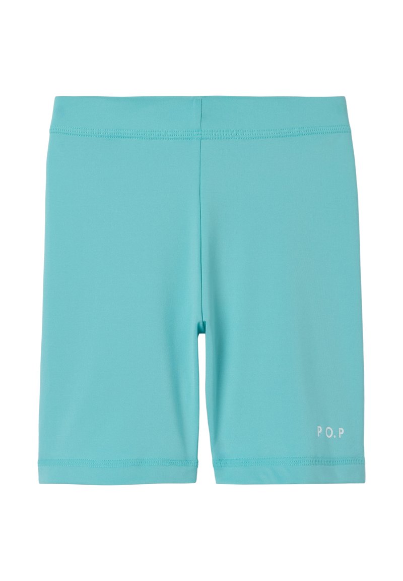 Aqua-kleurige zwemshorts van glad, rekbaar materiaal. Voorzien van een logo op de rechteronderkant en platte naden voor comfort.