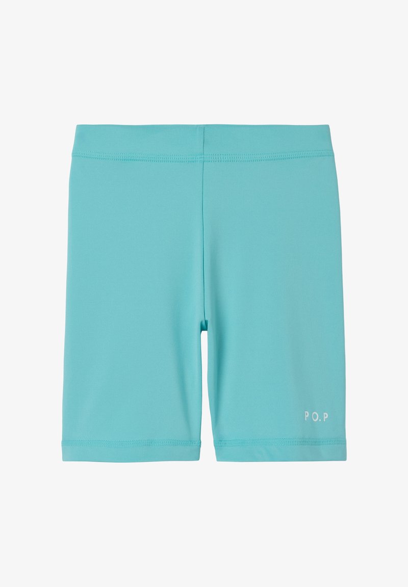 Aqua-kleurige zwemshorts van glad, rekbaar materiaal. Voorzien van een logo op de rechteronderkant en platte naden voor comfort.