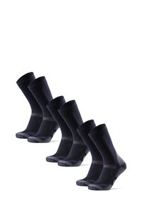 Calcetines de tripulación en color navy con puños acanalados y talones reforzados, que presentan una superficie texturizada y un sutil patrón de rayas horizontales. Conjunto de cinco pares.