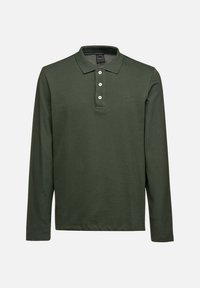 Polo a maniche lunghe in cotone verde scuro. Presenta un colletto classico, una patta con tre bottoni e un piccolo logo sul petto.