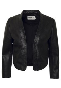 Černá kožená krátká bunda s šálovým límcem, s hladkým povrchem a čistým předním designem, bez podšívky a bez viditelných zapínání.