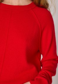 Maglione rosso realizzato in morbido materiale, con un collo rotondo a coste, maniche raglan e un delicato dettaglio della cucitura sulla parte frontale.