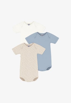 Trzy krótki rękaw body w kolorach beżowym, niebieskim i kremowym. Wykonane z miękkiej tkaniny, z kopertowym dekoltem i zatrzaskami na dole.