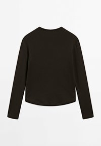 Long-sleeve black top featuring a round neckline, smooth texture, and a cropped hem. Back view shows simple, clean design with no patterns.