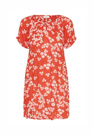 Sarkans kleita no viegla auduma, ar īsām piedurknēm un brīvu piegriezumu. Rotāta ar mazu baltu ziedu rakstu.