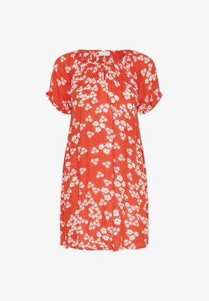 Kerge kangast punane kleit, millel on lühikesed varrukad ja lahti istuv lõige. Kaunistatud väikese valge lillemustriga.