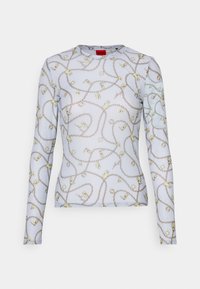 Pitkähihainen paita vaaleansinisestä kankaasta, jossa on keltainen ja kultainen ketju- ja lukkomuotoilu. Pyöreä pääntie, pehmeä tekstiili ja istuva malli.