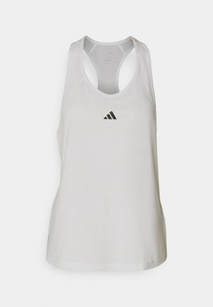 Hvit treningsTank topp laget av lettvektsmateriale med racerback-design og en liten svart logo på brystet.