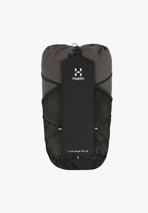 Haglöfs L.I.M Airak Pro 14 rugzak, zwart en grijs, met een nylon lichaam, mesh zijvakken, trekkoordsluiting en logo-detail.