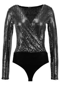 Schwarzer Body mit langen Ärmeln, der oben aus glänzendem, strukturiertem Paillettenstoff und unten aus glattem, schwarzem Material besteht. V-Ausschnitt-Design.