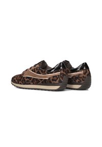 Leopard-print sneakers in brown and black suede with a glossy black accent. Features a textured outsole and lace-up front design.