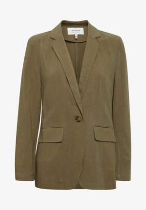 Olive green blazer made from a textured fabric, features a single front button, notched lapels, and two front pockets.