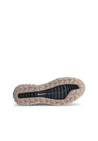 Suola di scarpa da corsa leggera caratterizzata da una superficie in gomma beige testurizzata, con lobi di trazione pronunciati e una intersuola nera con marchio Michelin.