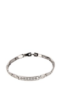 Hopeaketjut hopeasta, jossa on suorakulmaisia ja kolmiomaisia linkkejä kiillotetulla pinnalla. Huomionarvoisia yksityiskohtia ovat rivillinen pieniä kirkkaista kivistä.