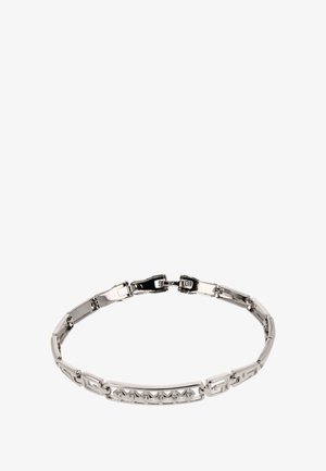 Hopeaketjut hopeasta, jossa on suorakulmaisia ja kolmiomaisia linkkejä kiillotetulla pinnalla. Huomionarvoisia yksityiskohtia ovat rivillinen pieniä kirkkaista kivistä.