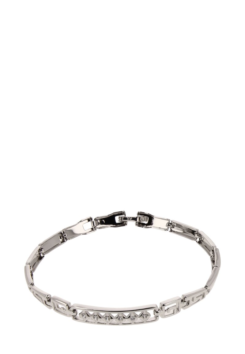 Hopeaketjut hopeasta, jossa on suorakulmaisia ja kolmiomaisia linkkejä kiillotetulla pinnalla. Huomionarvoisia yksityiskohtia ovat rivillinen pieniä kirkkaista kivistä.