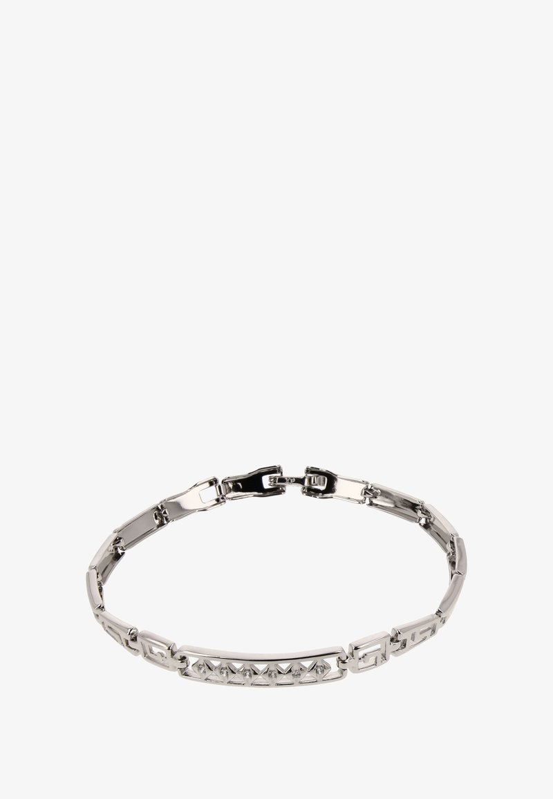 Hopeaketjut hopeasta, jossa on suorakulmaisia ja kolmiomaisia linkkejä kiillotetulla pinnalla. Huomionarvoisia yksityiskohtia ovat rivillinen pieniä kirkkaista kivistä.