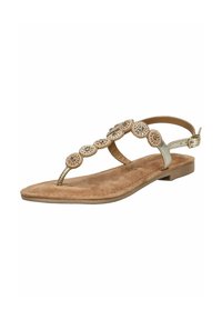 Sandal flat con una soletta in suede beige, cinturini metallici oro e accenti circolari decorativi impreziositi da perline trasparenti. Chiusura a fibbia alla caviglia.