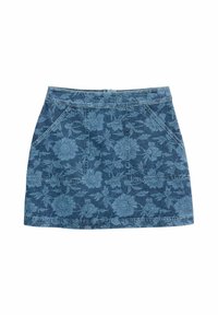 Denimrock mit floralem Muster in Dunkelblau, ausgestattet mit zwei Fronttaschen und einer figurnahen Form, mit glatter Textur und sichtbaren Nähten.