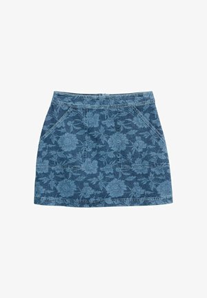 Denim nederdel med blomstermønster i dyb blå farve, udstyret med to forlommer og en tætsiddende form, med en glat tekstur og synlige syninger.