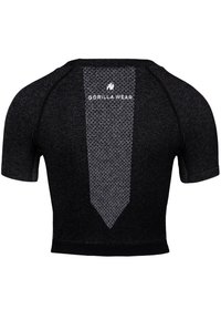 Trumpas rankovėmis juodas sportinis marškinėliai su struktūrizuotu siluetu. Savybė - pilkasis tinklinis audinys gale su "GORILLA WEAR" logotipu viršuje.