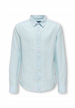 Lyseblå langærmet skjorte med krave med knapper, frontplacket og perle-lignende knapper; lavet af tekstureret, åndbart stof.