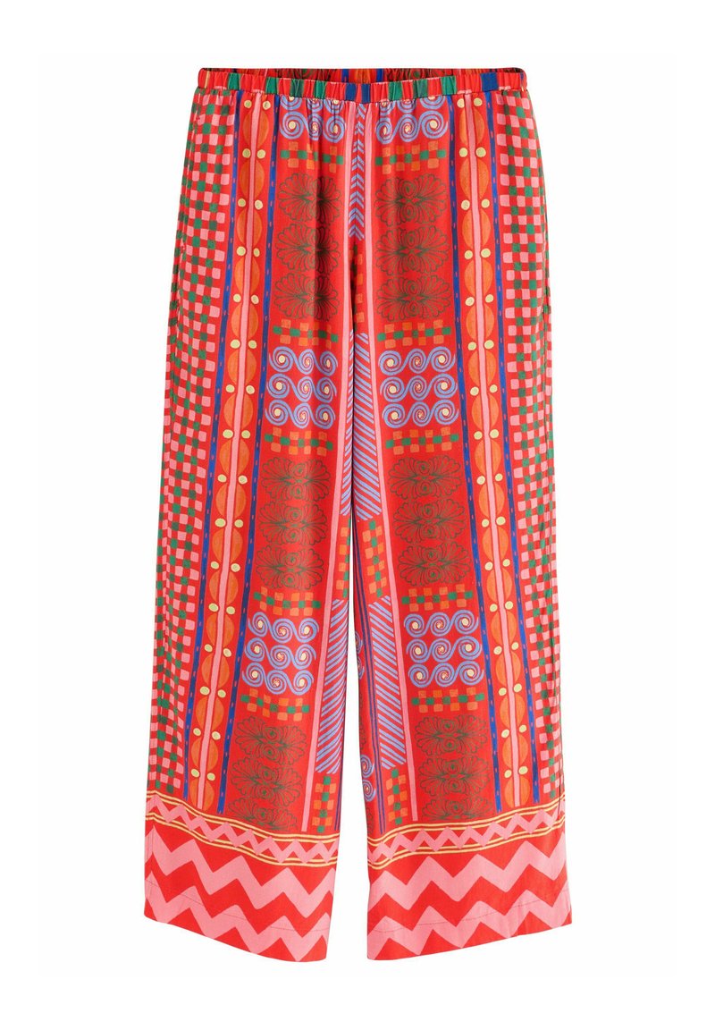 Rote gemusterte weit geschnittene Hose mit geometrischen und floralen Designs. Besitzt einen elastischen Bund und einen Zickzack-Akzent am Saum.
