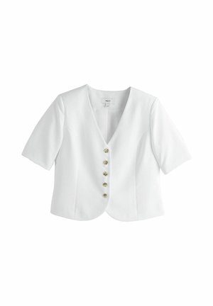 Biała marynarka z krótkim rękawem, głębokim dekoltem w serek i pięcioma przednimi guzikami w kolorze żółwia, dopasowany krój i lekko zaokrąglony dół.