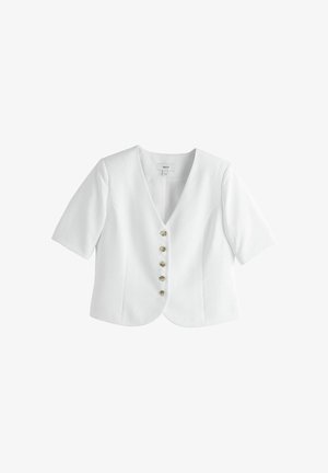 Biely krátky rukáv blazer s hlbokým výstrihom do tvaru V a piatimi prednými gombíkmi s korytnačinovým vzorom, priliehavý strih a mierne zakrivený lem.