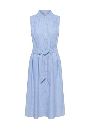 Sleeveless light blue and white pinstriped shirt dress with button front, pointed collar, and tied waist belt, knee-length hem.