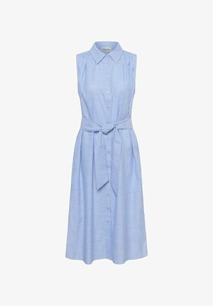 Mouwloze lichtblauwe en witte gestreepte overhemdjurk met knopen aan de voorkant, spitse kraag, en een gestrikte tailleband, knie-lengte zoom.