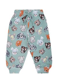 Katoenen joggerbroek in een muntgroene kleur met een patroon van cartoon dierengezichten, voorzien van een elastische tailleband en geribde manchetten.