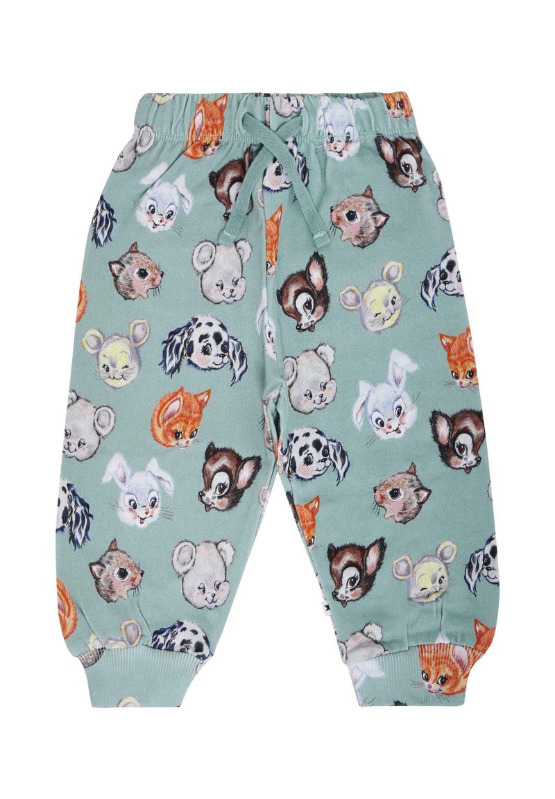 Katoenen joggerbroek in een muntgroene kleur met een patroon van cartoon dierengezichten, voorzien van een elastische tailleband en geribde manchetten.