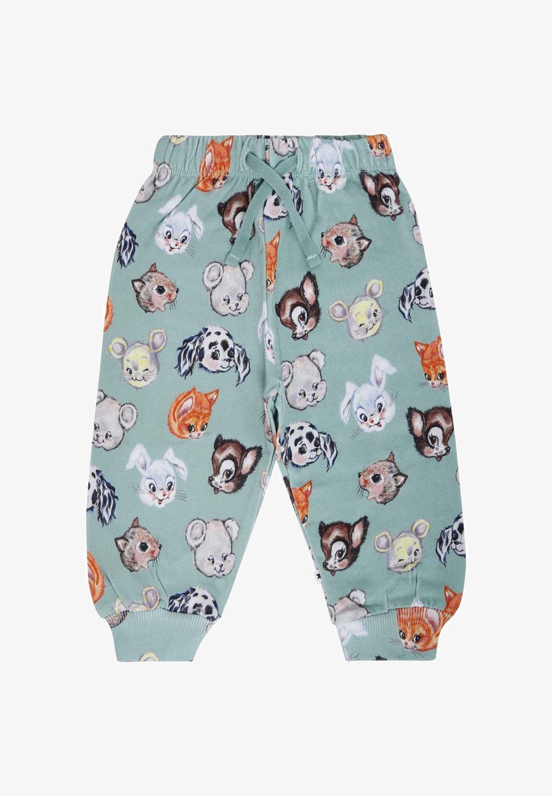 Katoenen joggerbroek in een muntgroene kleur met een patroon van cartoon dierengezichten, voorzien van een elastische tailleband en geribde manchetten.