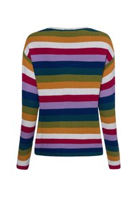 Strickpullover mit langen Ärmeln, der horizontale Streifen in mehreren Farben zeigt: Grün, Blau, Rot, Gelb, Weiß und Lila. Strukturierter Stoff.