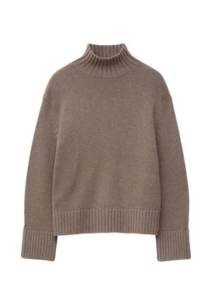 Brown knitted sweater with a high ribbed collar, dropped shoulders, and ribbed cuffs and hem. Soft texture and boxy shape.
