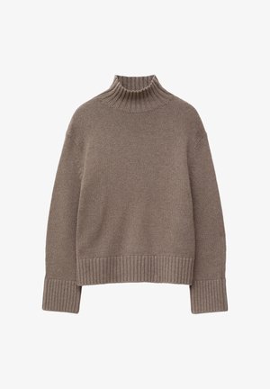 Brown knitted sweater with a high ribbed collar, dropped shoulders, and ribbed cuffs and hem. Soft texture and boxy shape.