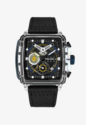 Montre carrée avec un boîtier transparent, un cadran texturé noir, des accents jaunes et blancs, et un bracelet en tissu noir. Présente plusieurs sous-cadrans et un affichage de la date.