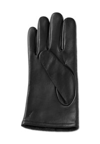 Sorte skinnhanske med femfingerdesign, glatt tekstur og myk foring. Har diskret søm og en buet håndleddsåpning.
