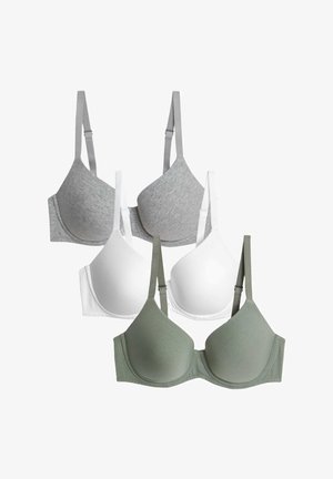 Set di quattro reggiseni: uno grigio, uno bianco, uno verde; tutti con tessuto liscio, coppe modellate, spalline regolabili e design base con ferretto.