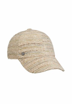 Beige and light brown woven fabric baseball cap with a small round metal logo on the side and a slightly curved brim.