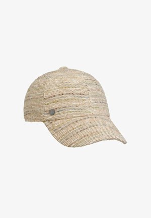 Beige and light brown woven fabric baseball cap with a small round metal logo on the side and a slightly curved brim.