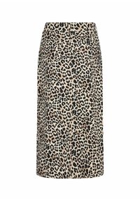 Bleistiftrock mit Leopardenmuster in Beige und Schwarz, mit geradem Saum, Gesäßtaschen und elastischem Bund. Aus robustem Stoff gefertigt.