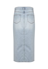 Svetlo modra denim krila s srednjo dolžino, ki ima ravno silhueto, z zadnjimi žepi in subtilno zbledelo teksturo.