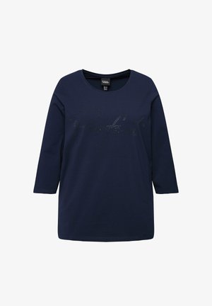 Námorně modré tričko s dlouhým rukávem vyrobené z bavlny, s lesklým černým textem "Perfect" zdobeným kamínky na přední straně.