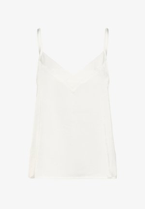 White camisole made of smooth fabric, featuring thin adjustable straps and a V-shaped neckline. Simple, unembellished design.